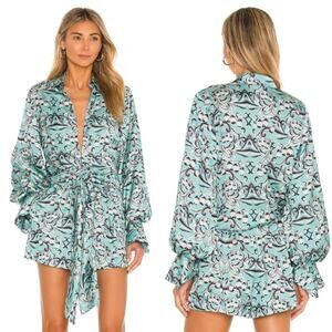 NEW Alexis Wrap Tie Satin Long Blouson Sleeves Tallara Top Blue Aqua Tulip